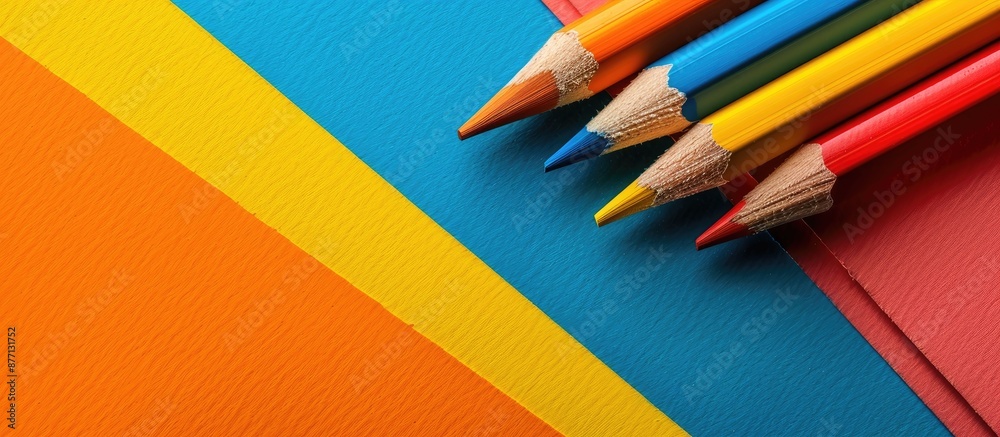 Poster Vibrant pencils arranged on a colorful backdrop, creating a visually appealing setting with copy space image available.