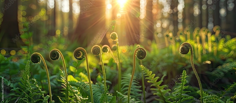 Poster Sword ferns native to the northwest in a sunlit forest area, showcasing fiddleheads ready to unfurl, creating a picturesque scene with copy space image.