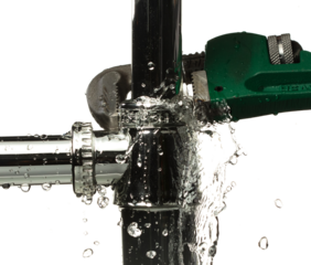 Heavy Duty Wrench fix Water leak under sink. Drain sink leak water from many pipe hose plumbing in bathroom and repair by wrench tools as water splash drop. White background isolated