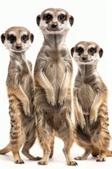 Fototapeta premium Three meerkats positioned together, gazing at the camera against a pristine white backdrop