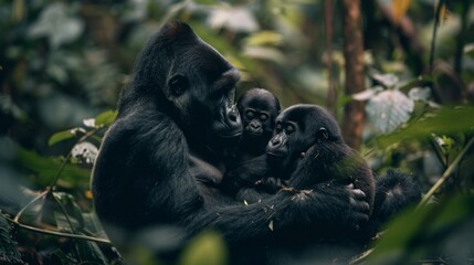  A group of gorillas in the forest, some with open mouths, one gazes at the camera