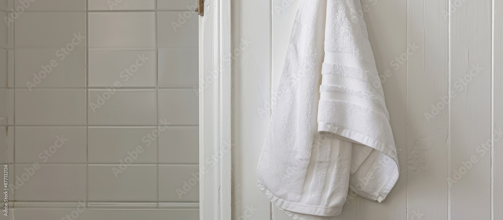 Poster a white towel hangs on the bathroom door with a blank area available for displaying an image.