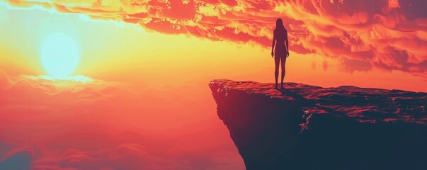 Silhouette of a person standing on a cliff at sunset, overlooking a stunning sky filled with vibrant colors and dramatic clouds.