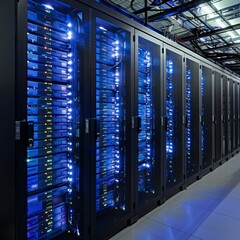 a server room with good lightning, Three racks of computers are visible, High-tech data center, AI processing operation center