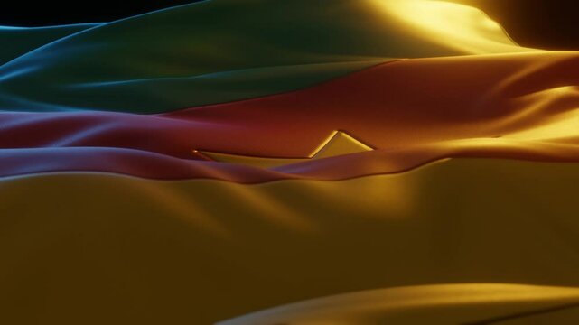 Cameroon Flag, Close up, Low Side Angle with Warm Atmospheric Lighting, 3d render	
