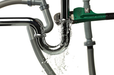 Heavy Duty Wrench fix Water leak under sink. Drain sink leak water from many pipe hose plumbing in...