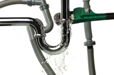 Heavy Duty Wrench fix Water leak under sink. Drain sink leak water from many pipe hose plumbing in bathroom and repair by wrench tools as water splash drop. White background isolated