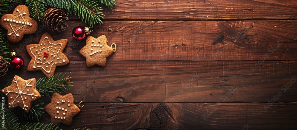 Poster christmas menu background with cookies, fir branches, and decorations arranged on an aged wooden tab