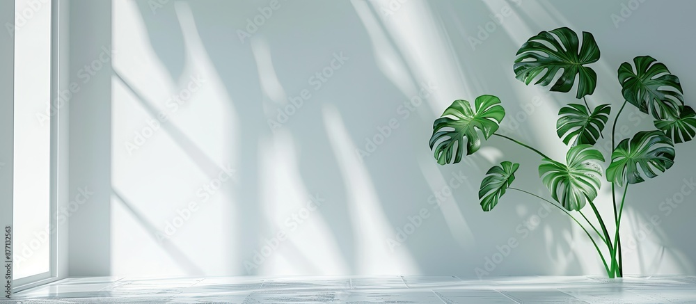 Poster monstera leaves or swiss cheese plant displayed in a modern interior with a white background, embody