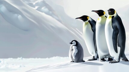 Obraz premium A group of penguins stands on a snow-covered ground, with a mountain in the background