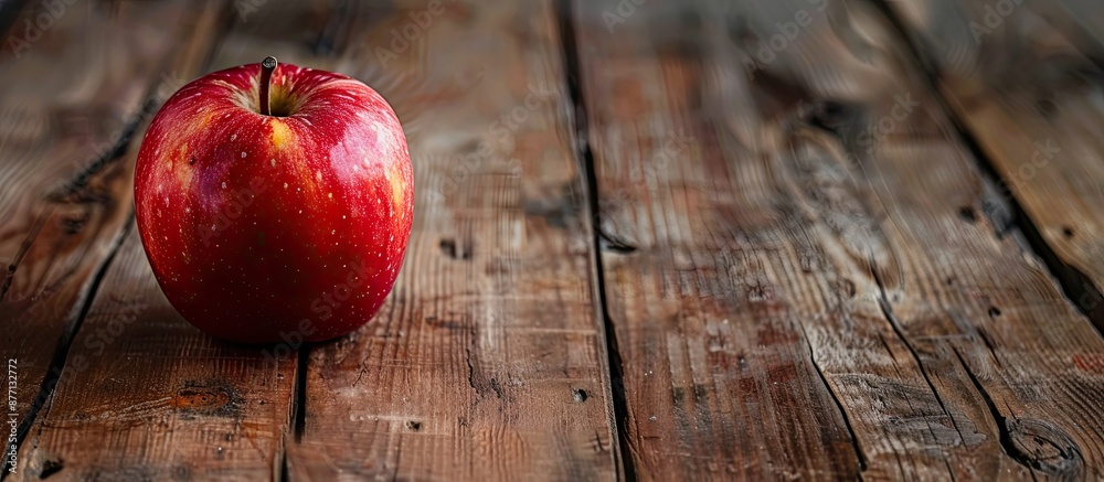 Poster An apple resting on a rustic wooden table with available copy space image.