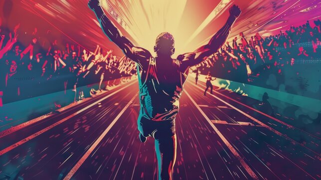Vibrant artwork of a runner celebrating victory on a track, with a cheering crowd in the background.