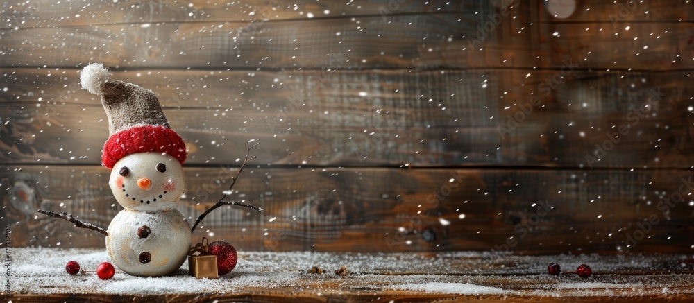 Poster horizontal photo of a snowman on a rustic wooden board for christmas background with copy space imag