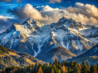 panorama of the mountains, snow, nature, forest, sky, alps, peak, clouds, trees, valley, view, cloud, winter, rock, tree, travel, italy