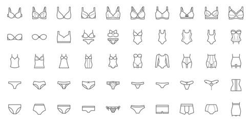 Lingerie line icon set. Bra, panties, chemise, swimwear, corset, maternity bra, bikini, corrective shapewear minimal vector illustrations. Simple outline signs for female underwear. Editable Stroke