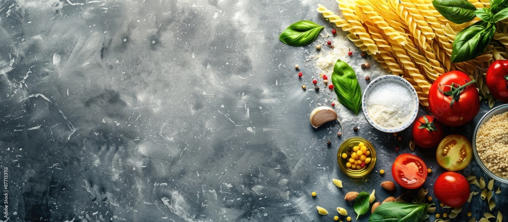 Poster Pasta and ingredients displayed on a stone background with copy space image.