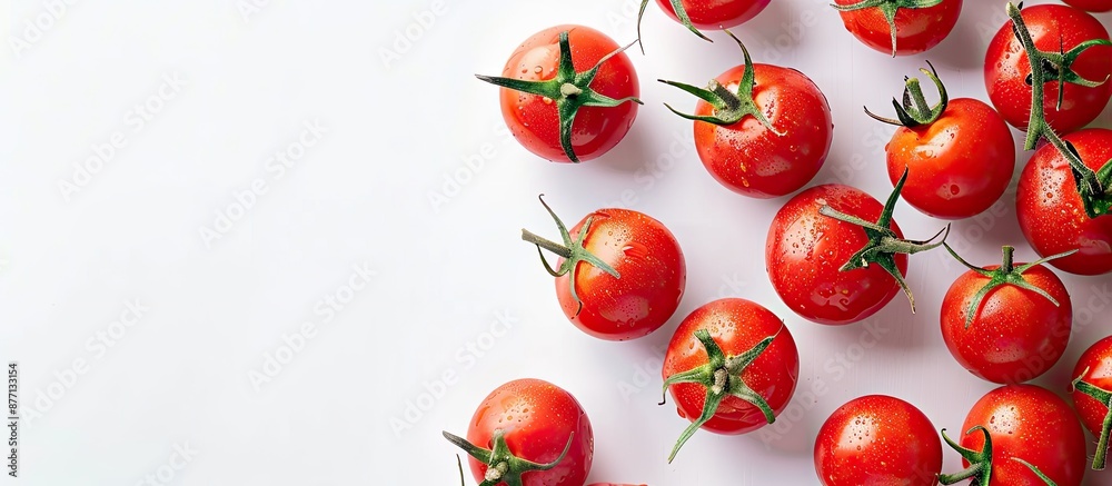 Poster fresh red tomatoes arranged with copy space image on a white background, showcasing their food compo