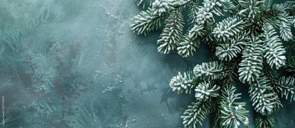 Poster Image of a frozen pine tree with copy space, frozen green needes, giving a magical touch.