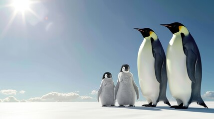 Obraz premium A group of penguins stands together on a snow-covered ground beneath a brilliant blue sky