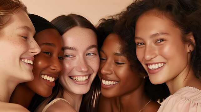 group of multiethnic female models with different skin tones in a studio, beige background, soft beige and pink color palette, natural lighting, happy mood, natural makeup,natural makeup, skin care