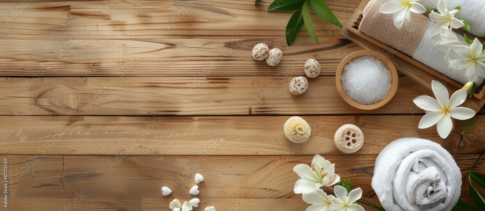 Poster Spa elements arranged attractively on a wooden surface with ample copy space image.