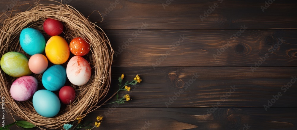 Aufkleber Wooden surface with wicker baskets and colorful Easter eggs in a copy space image.