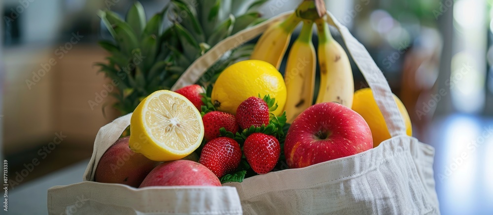Poster selective focus on canvas tote bag with bananas, apples, pear, lemon, and strawberries in a copy spa