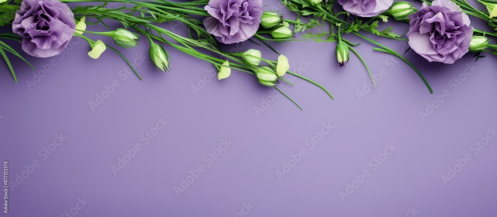 Poster Green background with a border frame of violet eustoma flowers surrounding copy space image.