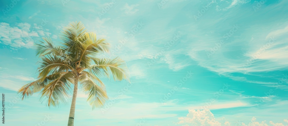 Poster Summer beach scene with a palm tree against a blue sky and clouds, offering copy space in pastel tones, with a blurred background and visible noise from high ISO and soft focus.