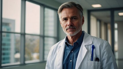 Fototapeta premium Mature male doctor in hospital corridor