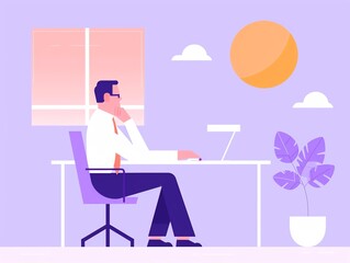 Illustration of a person working at a desk with a laptop, sun shining through the window, and a potted plant in a modern office setting.