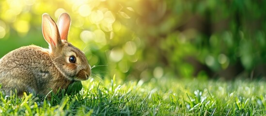 A rabbit munching on grass in the garden with a background featuring copy space image.