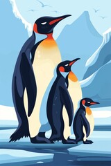 Obraz premium A gathering of penguins on an ice floe, mountain backdrop