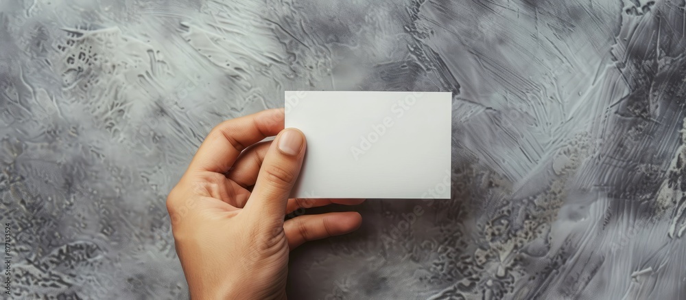 Poster man holding white card with close-up hand against concrete wall with copy space image.