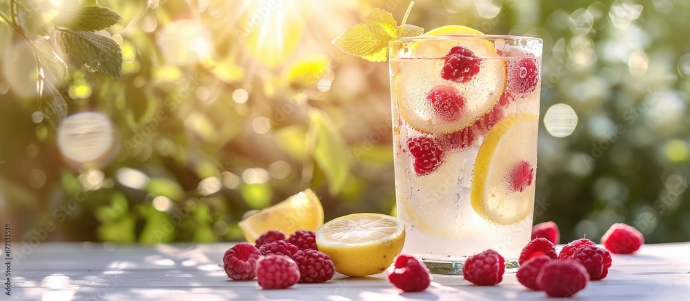 Poster Close-up photograph of a refreshing lemonade with raspberries placed on a white wooden table outdoors, ideal for adding text with copy space image.