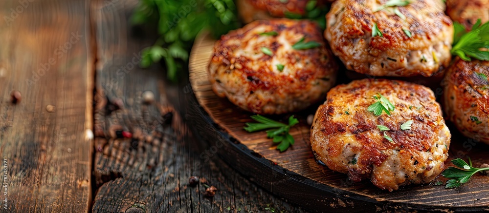 Aufkleber Side view close up of minced chicken cutlets on a brown wooden surface with copy space image.