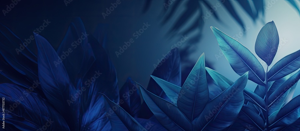 Poster tropical leaves in blue shade on a space background for abstract leaf decoration design on a cover t