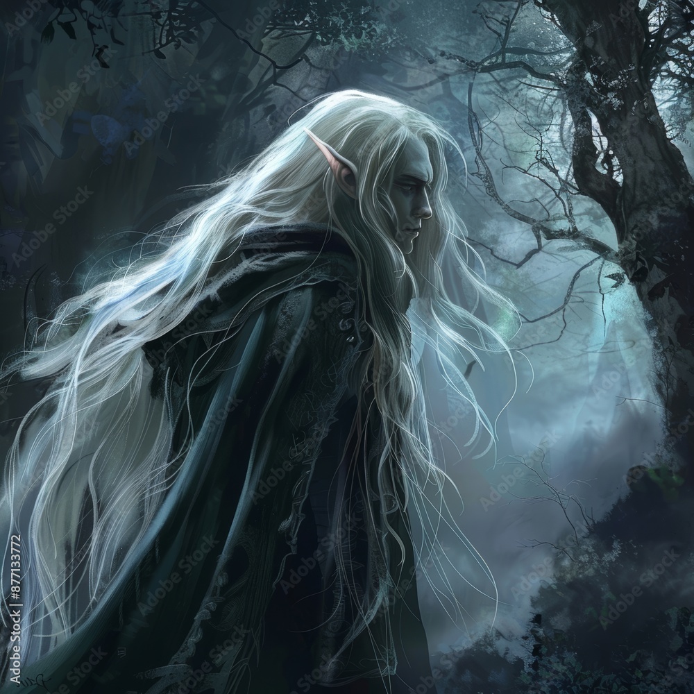 Canvas Prints An elf man with long white hair in a dark forest, wearing a cape with a hood