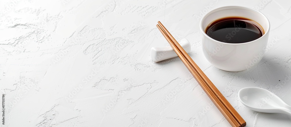 Poster a white table featuring soy sauce, chopsticks, and ample space for a caption or copy space image.
