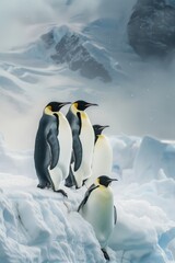 Fototapeta premium A group of penguins atop a snowy mound, adjacent to another mountaineous heap of snow