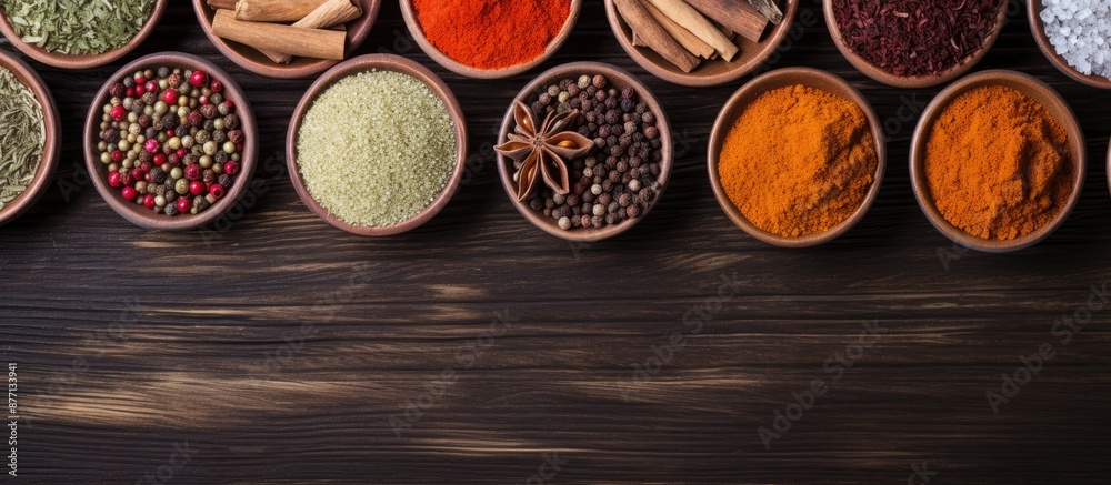 Poster Colorful spices arranged on a wooden table with space for text, as seen from above in a copy space image.