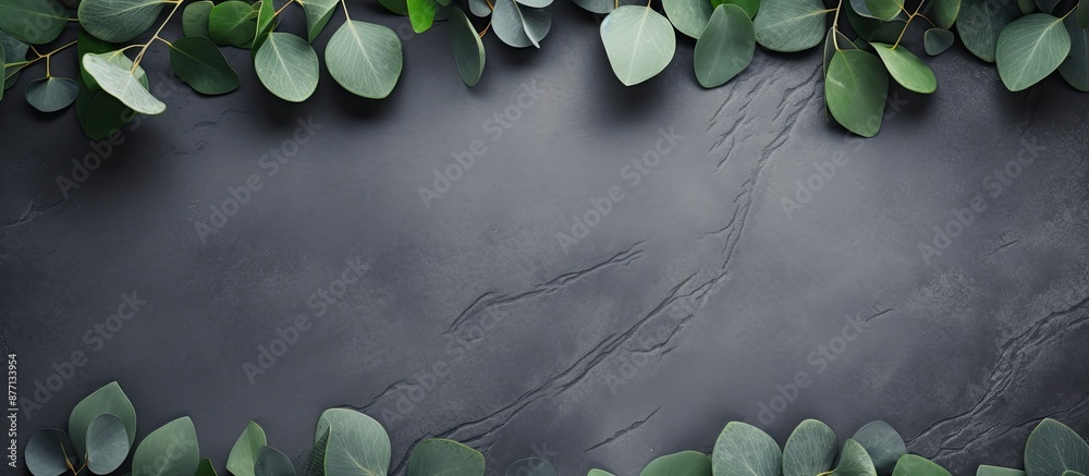 Aufkleber Eucalyptus leaves arranged on a stone surface with a frame crafted from eucalyptus branches in a top-down view, offering copy space within the composition.