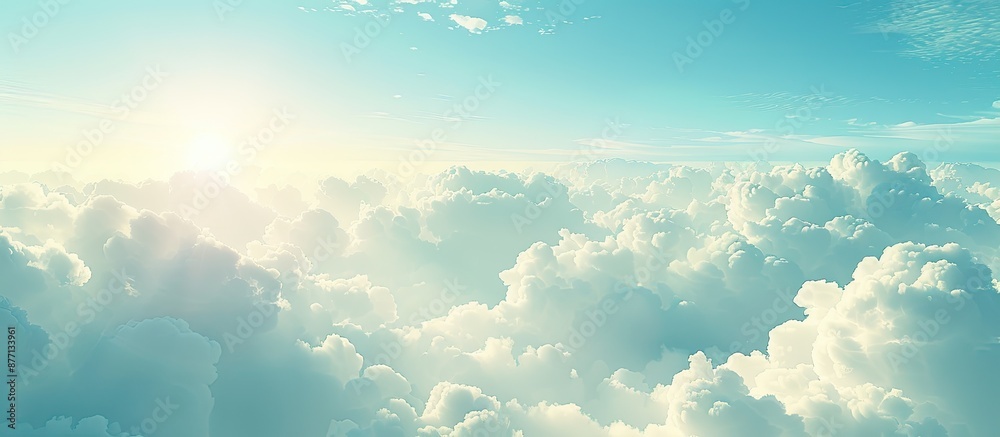 Poster copy space image of a pure environment concept with a turquoise sky, white fluffy clouds drifting sm
