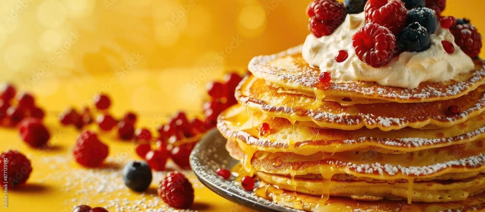 Poster russian food called syrniki portrayed with berries and sour cream on a yellow background, creating a