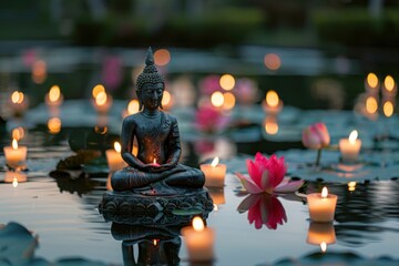 Serene Buddha statue surrounded by lotus flowers and candles on river for Buddha Purnima Vesak Day