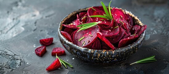 Handmade beetroot chips with garlic and rosemary sauce in a dish with a soft focus, ideal for a copy space image.