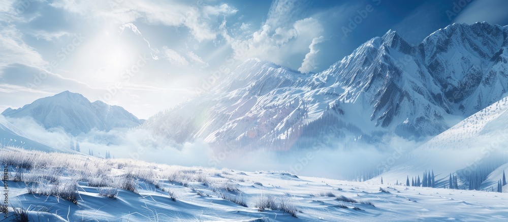 Poster Panoramic snowy mountain landscape with grass and ample copy space image on a chilly winter day.