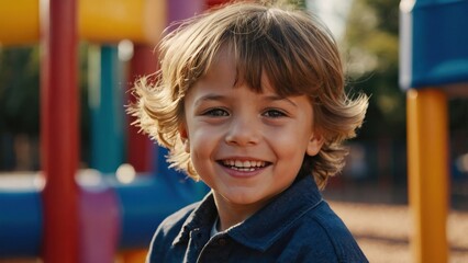 A young boy with a big smile playing at a colorful playground on a sunny day.