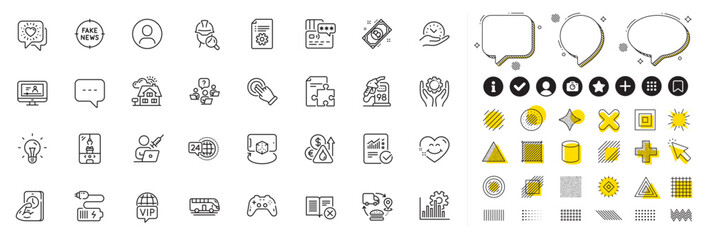 Set of Realtor, Card and Fitness line icons for web app. Design elements, Social media icons. Augmented reality, Inspect, Teamwork question icons. Battery, Petrol station, Bitcoin signs. Vector