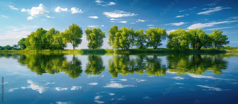 Poster A serene summer scene of trees mirrored in a lake with copy space image available.